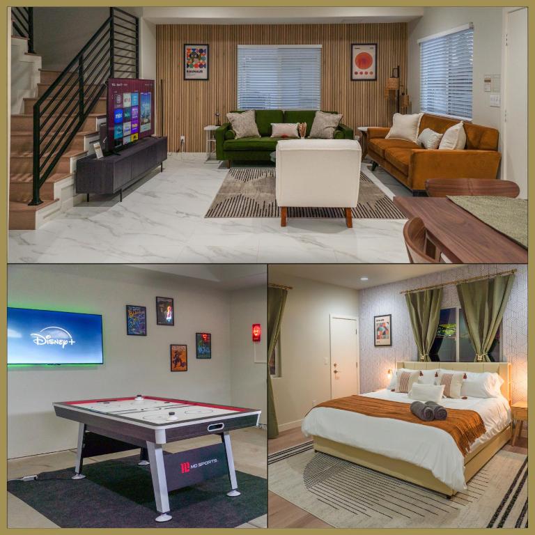 two pictures of a living room with a bed and a pool table at Spacious Disneyland Getaway I Game Room, King Suites & EV Access I Sleeps 14 in Midway City