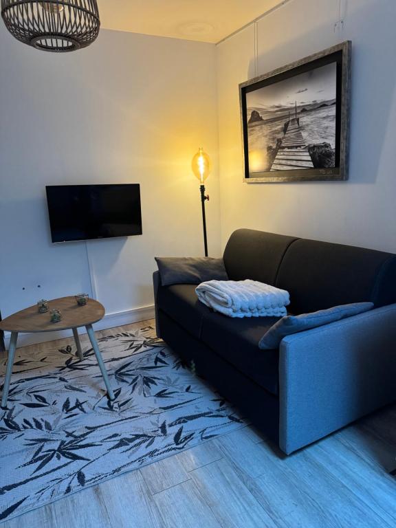 salon z kanapą i stołem w obiekcie Appartement cosy face à la basilique Saint Remi w mieście Reims