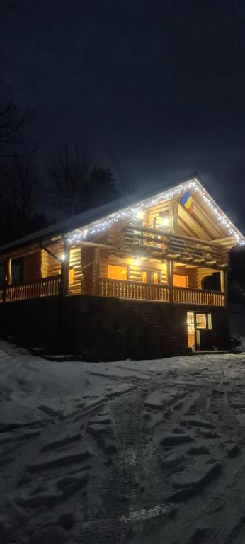 Un gran edificio con luces por la noche. en Cabana Deluț, en Borşa