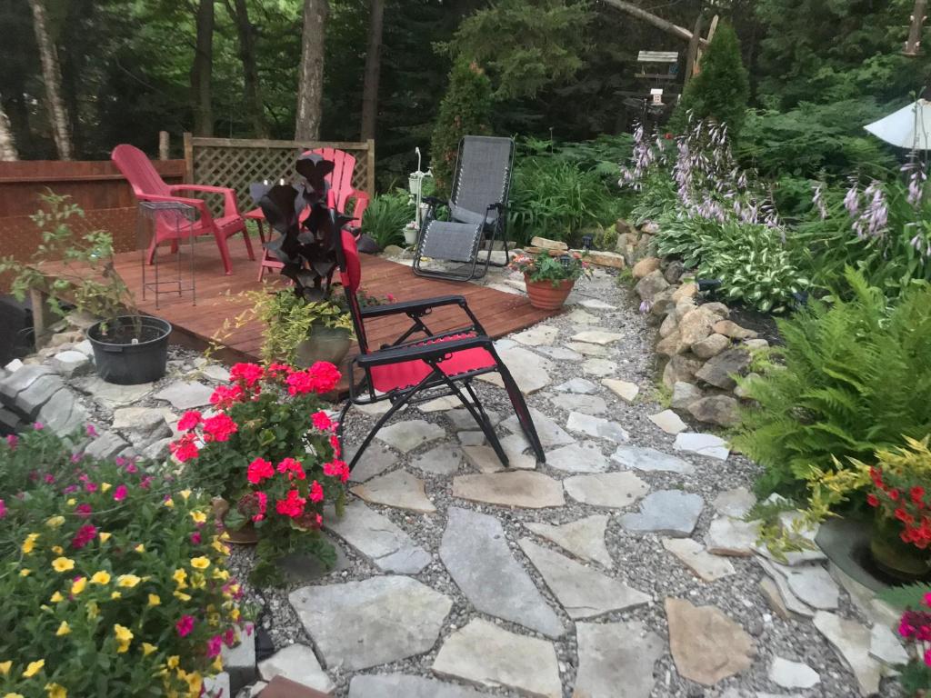 a dog sitting on a chair in a garden at PETIT COIN DE PARADIS in Sainte Anne des Lacs