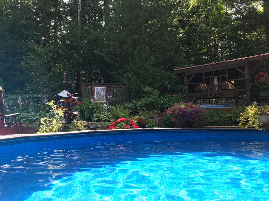 a swimming pool in a yard with flowers at PETIT COIN DE PARADIS in Sainte Anne des Lacs