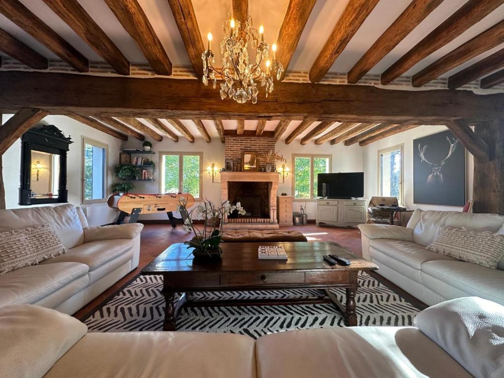 un salon avec des canapés et une cheminée dans l'établissement La Faisanderie à 5 min du Château de Chambord avec Grand Parc et Piscine, à Thoury