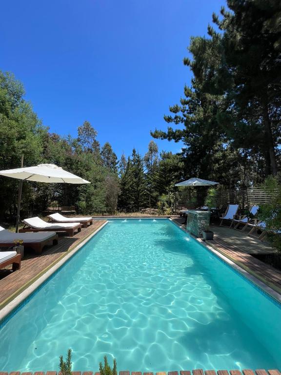 a swimming pool with chairs and an umbrella at Lodge Las Luces de Algarrobo in Algarrobo