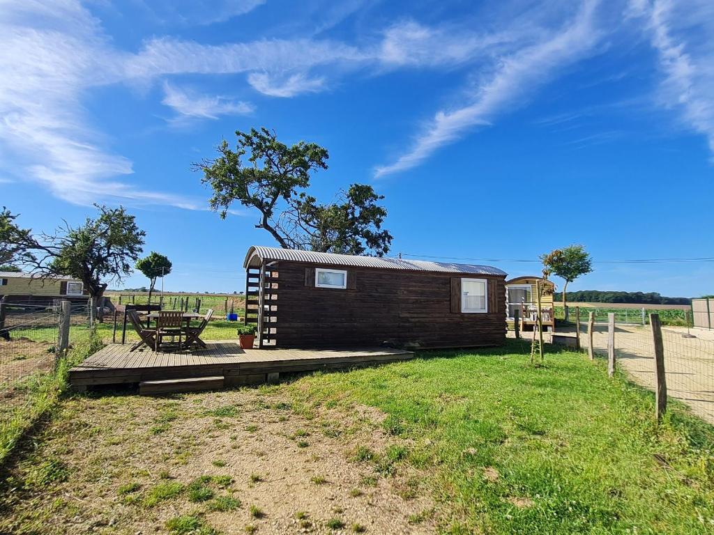 a small cabin with a picnic table in a field at Roulotte authentique en pleine nature près de Nancy - FR-1-584-363 in Burthecourt-aux-Chênes