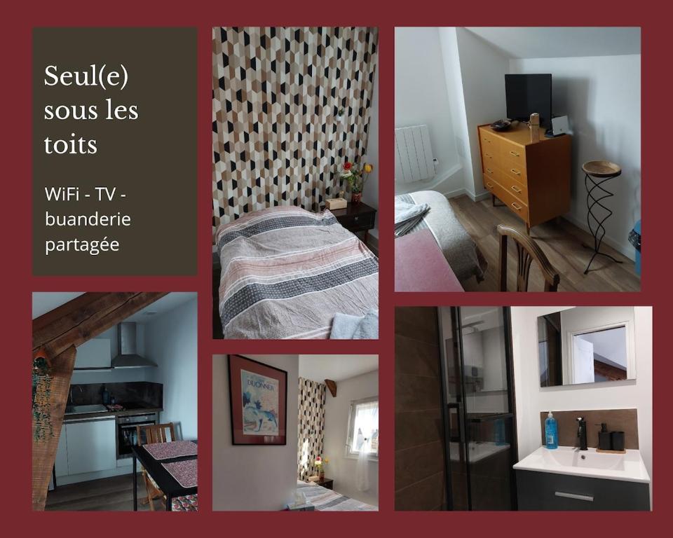 un collage de photos d'une chambre et d'une pièce dans l'établissement Seul sous les toits de Dijon, à Dijon