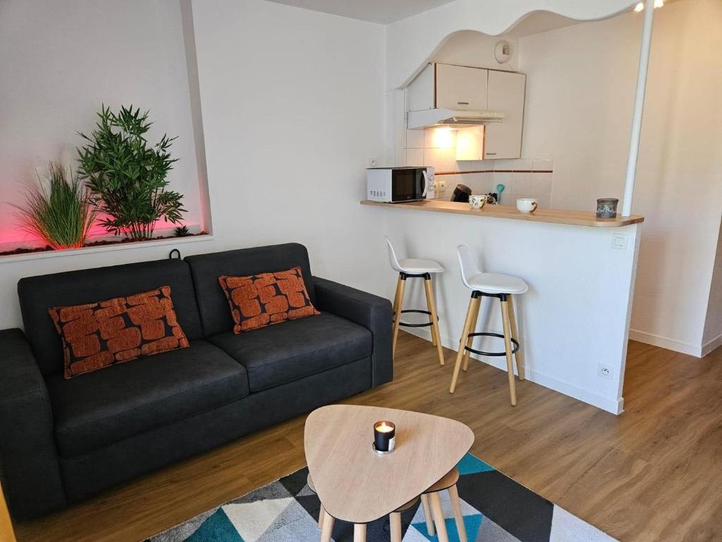 un salon avec un canapé et une table et une cuisine dans l'établissement Sublime studio - Downtown - Parking in sup, à Toulouse