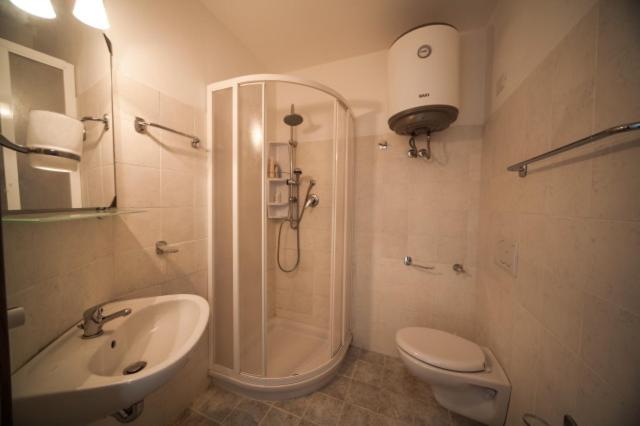 y baño con ducha, aseo y lavamanos. en Il Corallo E La Quercia Apartment, en Villanova Monteleone