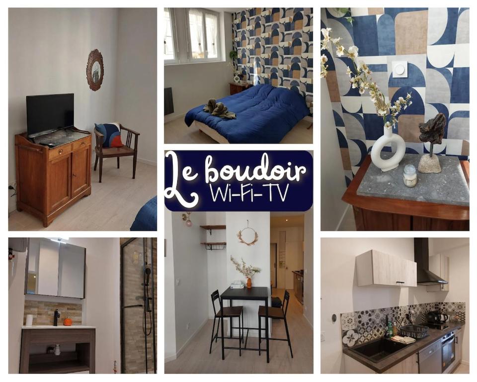 un collage de photos d'une cuisine et d'un salon dans l'établissement Le boudoir - Wi-Fi - TV, à Dijon