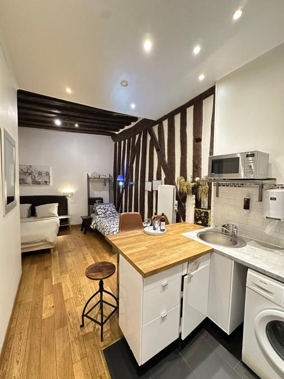 Il dispose d'une cuisine et d'un salon avec un évier et un canapé. dans l'établissement St Paul Marais Flat Ground Floor, à Paris