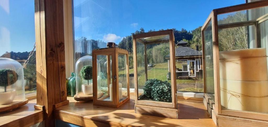 ein Zimmer mit einem Fenster, in dem Pflanzen stehen in der Unterkunft Hermosa casa en Puerto Varas - Ensenada in Calbuco Volcano