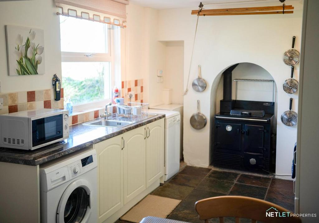 a kitchen with a sink and a washing machine at Stone Hall Mill Cottage - Tranquil Countryside Haven in Pembrokeshire in Saint Lawrence
