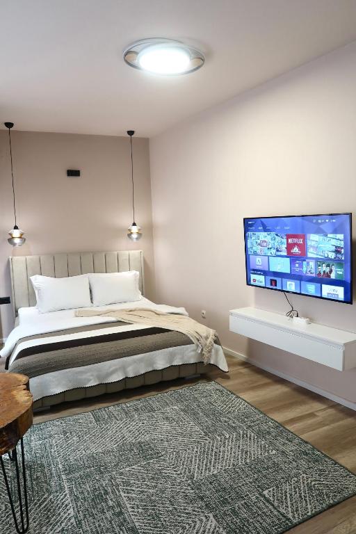 ein Schlafzimmer mit einem Bett und einem Flachbildfernseher in der Unterkunft Green Apartment in Pristina