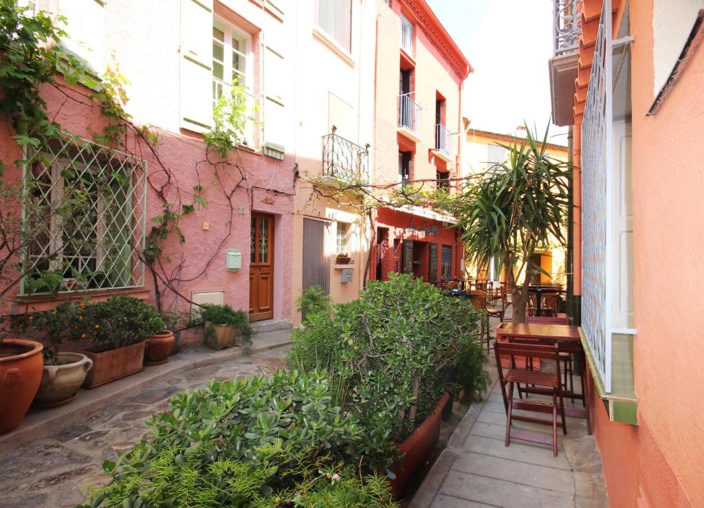 Une allée avec des plantes et des chaises dans un bâtiment dans l'établissement Treille RDC, à Collioure