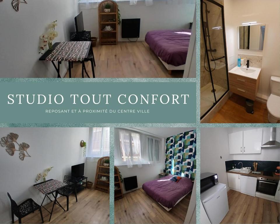un collage de photos d'une chambre avec dortoir dans l'établissement Comfortable studio pour 2 personnes, à Dijon