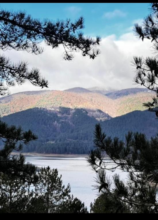 a view of a lake with mountains in the background at Agrifoglio in Torre Caprara