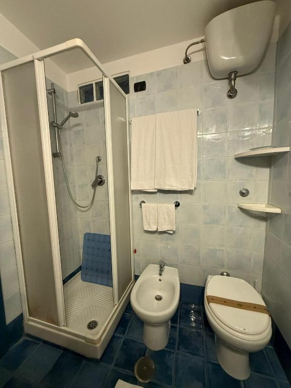 a small bathroom with a toilet and a shower at Luna Convento Copanello B&B in Stalettì