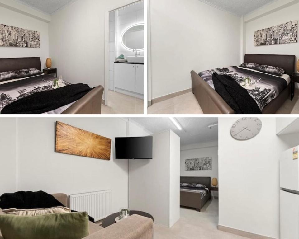 2 Bilder von einem Schlafzimmer mit einem Bett und einem Wohnzimmer in der Unterkunft 409 Lovely Studio Apt Central Super Cosy Heart CBD in Melbourne