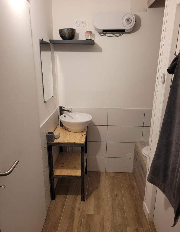 une petite salle de bain avec un lavabo et un miroir dans l'établissement Chambre lit 2 personnes, à Saint-Martin-lez-Tatinghem