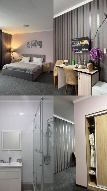 two pictures of a hotel room with a bed and a bathroom at Shygys_hotel in Aktau