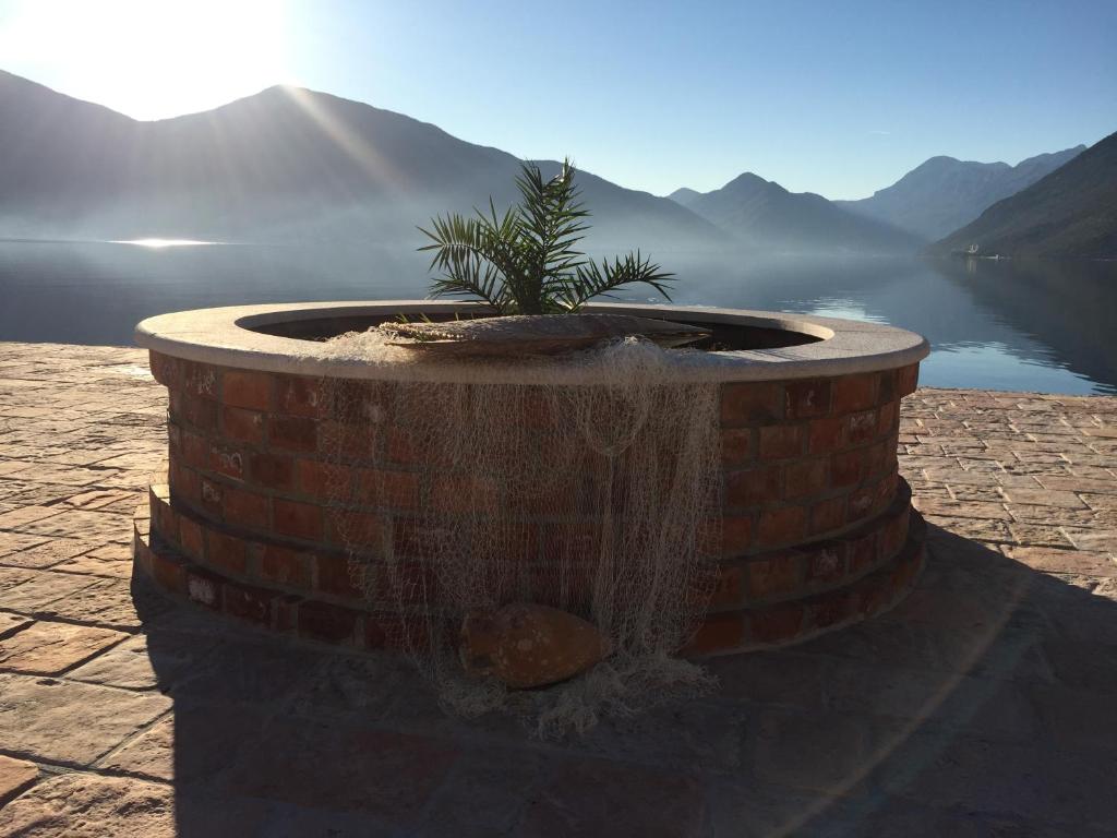 a brick fountain with a plant in the middle of a lake at Apartment Radimiri in Kotor