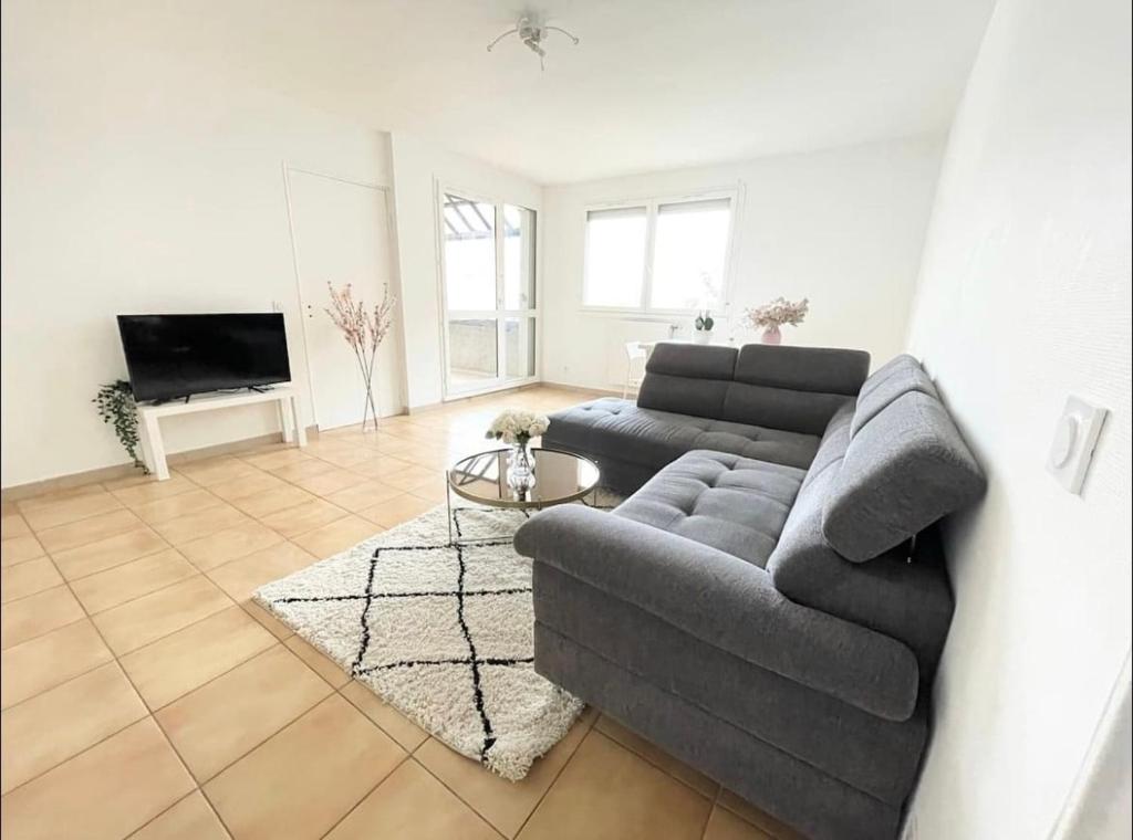 un salon avec un canapé et une télévision dans l'établissement Apartment - Le Melies, à Villeurbanne