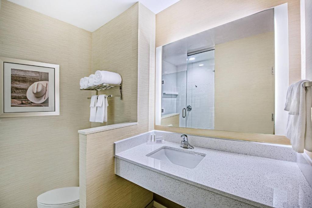 a bathroom with a sink and a toilet and a mirror at Fairfield Inn & Suites by Marriott Van in Van