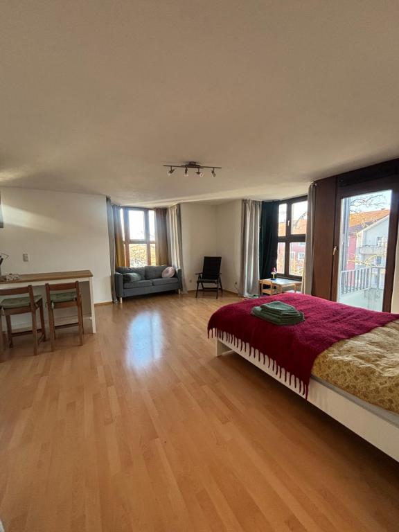 慕尼黑Studio-Apartment的卧室里有一张床和一张书桌