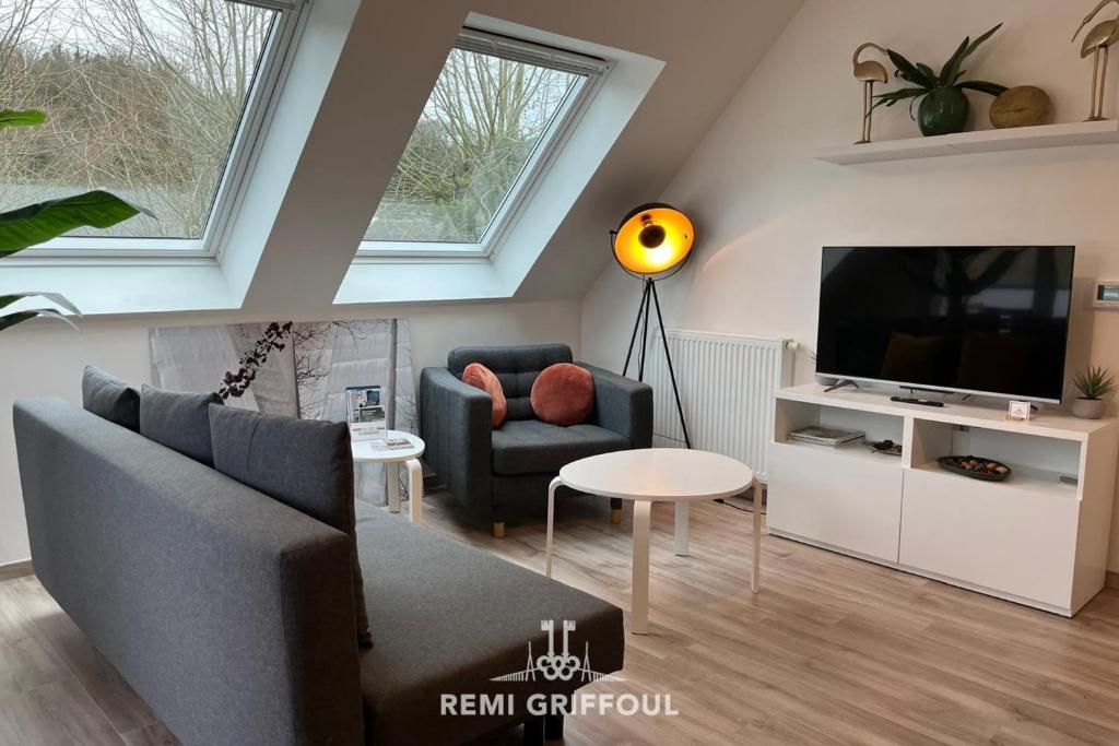 un salon avec un canapé et une télévision dans l'établissement Les 4 éléments apartment 4 with balcony elevator and private parking, à Honfleur