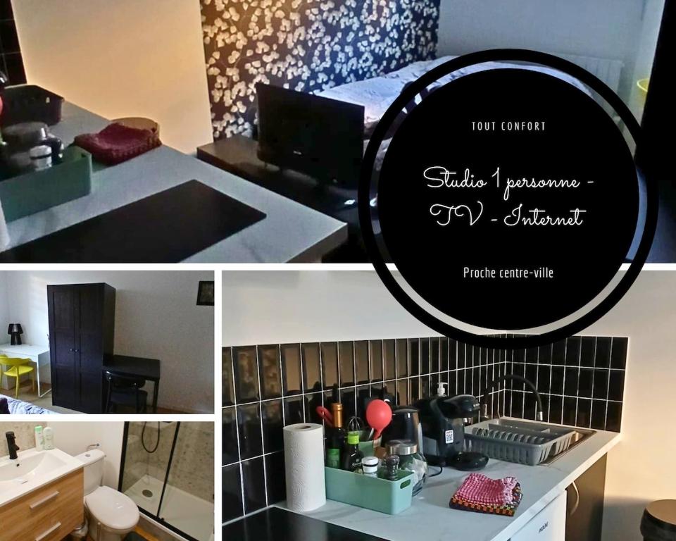 un collage de photos d'une cuisine avec comptoir dans l'établissement Beau studio - 1 personne, à Dijon