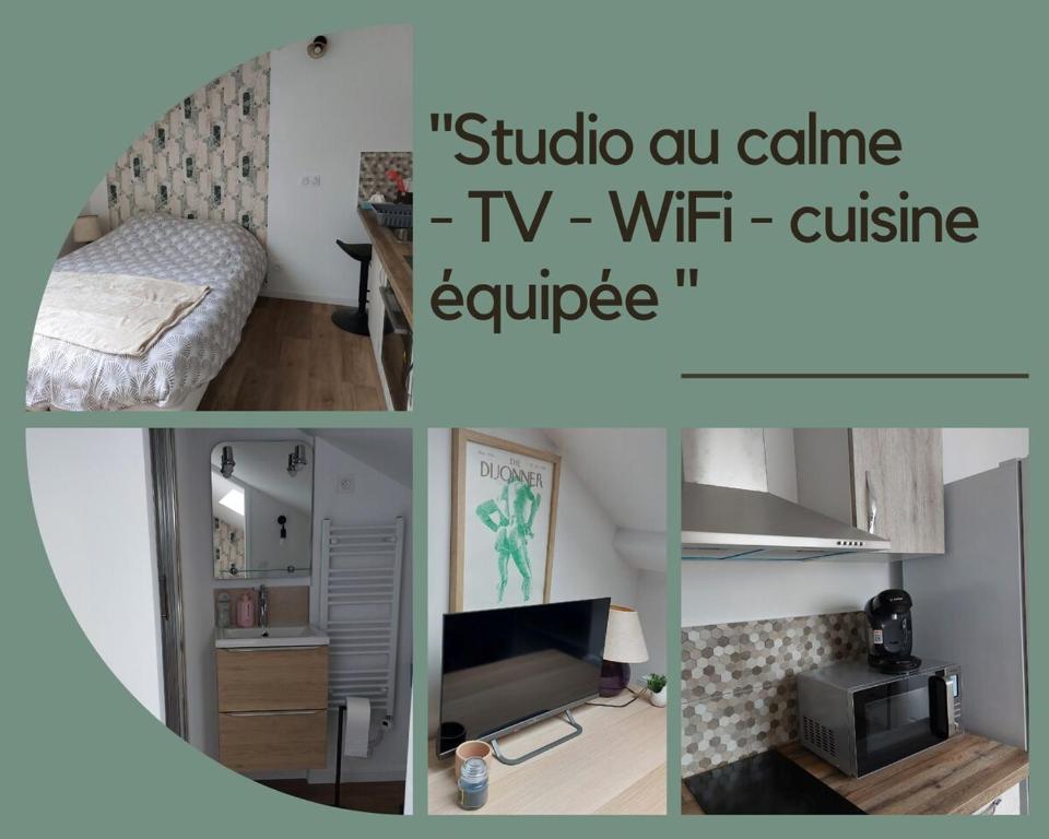 - un collage de photos d'une chambre avec une télévision dans l'établissement Sous les toits - Wi-Fi - TV, à Dijon