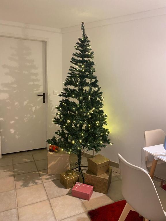 a christmas tree with presents under it in a room at Apartments in Vienna suburbs - 40 min from Vienna city center 