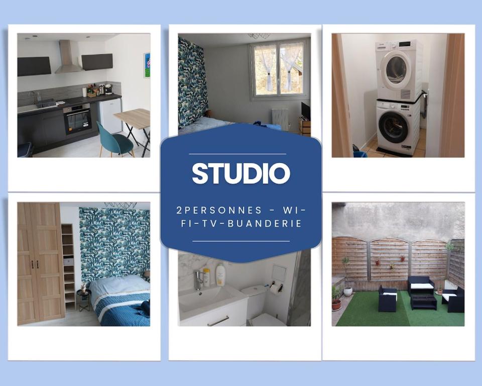 un collage de différentes images d'une pièce dans l'établissement Studio pour deux - WiFi, à Dijon