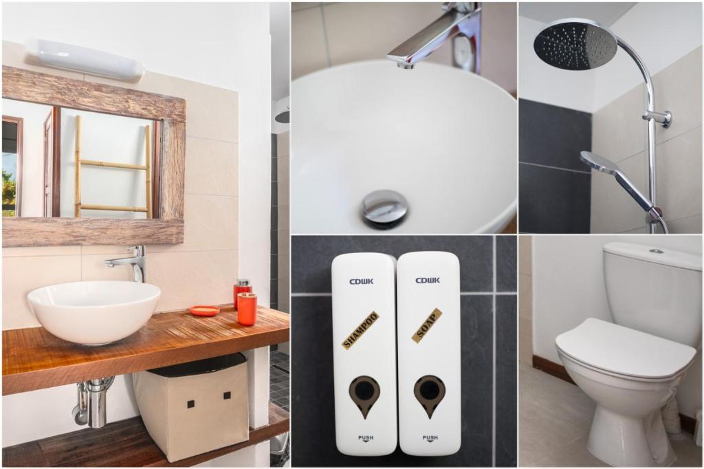 a bathroom with a shower toilet and a sink at Sublime Villa Piscine - Trésor de la Baie in La Trinité