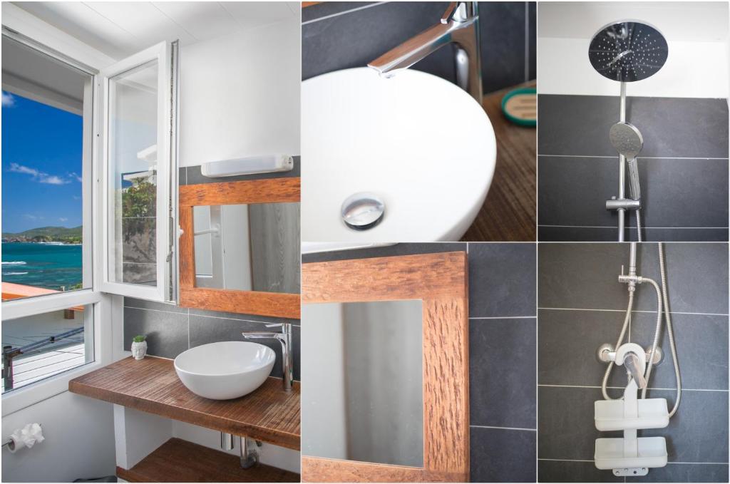 a collage of photos of a bathroom with a sink at Sublime Villa Piscine - Trésor de la Baie in La Trinité