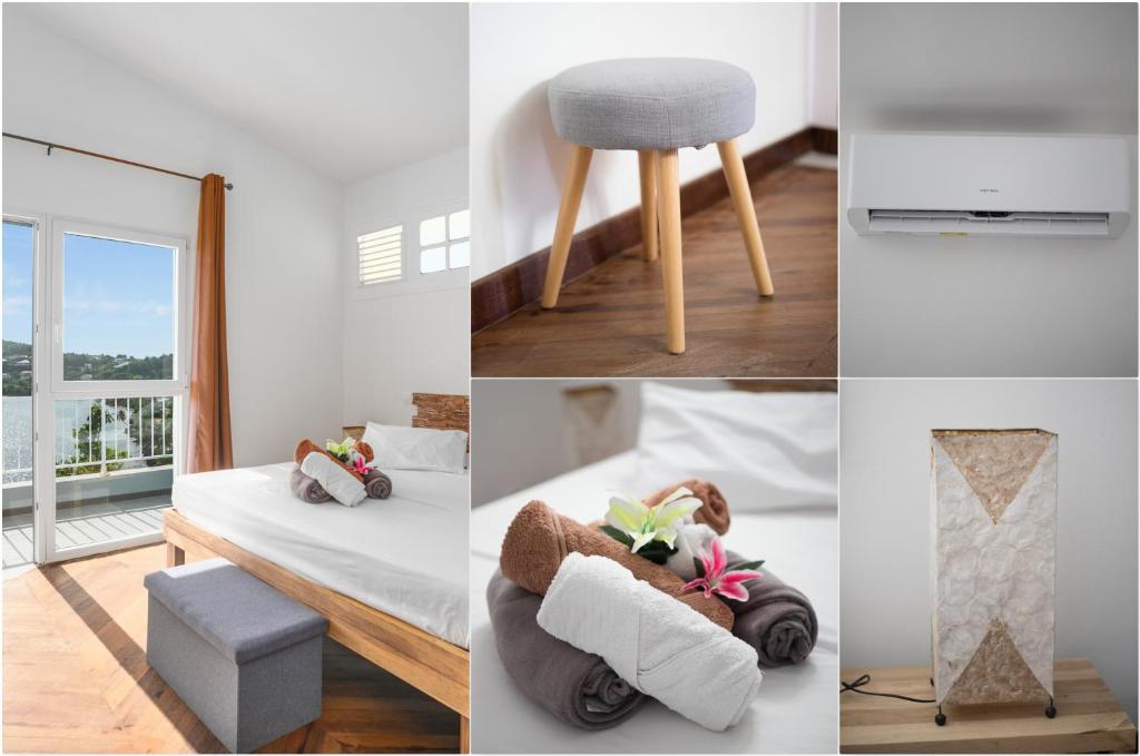 a collage of pictures of a room with a bed and a chair at Sublime Villa Piscine - Trésor de la Baie in La Trinité