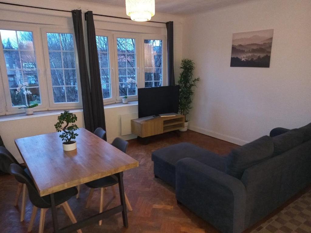 un salon avec un canapé, une table et une télévision dans l'établissement Appt 11 T3 Cateau Agréable et Calme, à Roubaix
