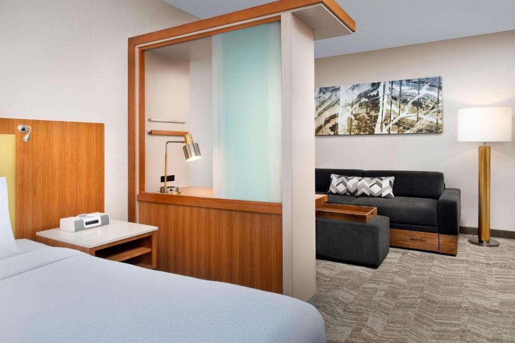 una habitación de hotel con una cama y un sofá en SpringHill Suites Potomac Mills Woodbridge, en Woodbridge