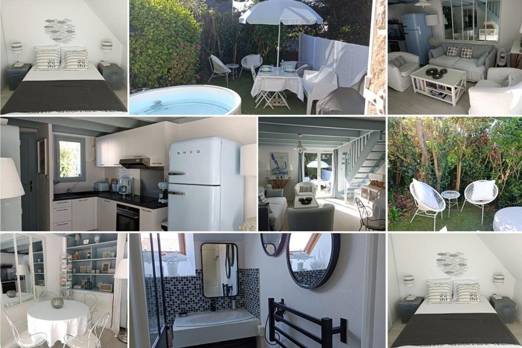 un collage de photos d'une cuisine et d'un salon dans l'établissement Ty Malauna Jacuzzi, à La Trinité-sur-Mer