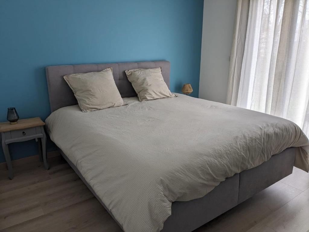 a bedroom with a large bed with a blue wall at Ideal 24h Le Mans and horse European pole in Savigné-lʼÉvêque