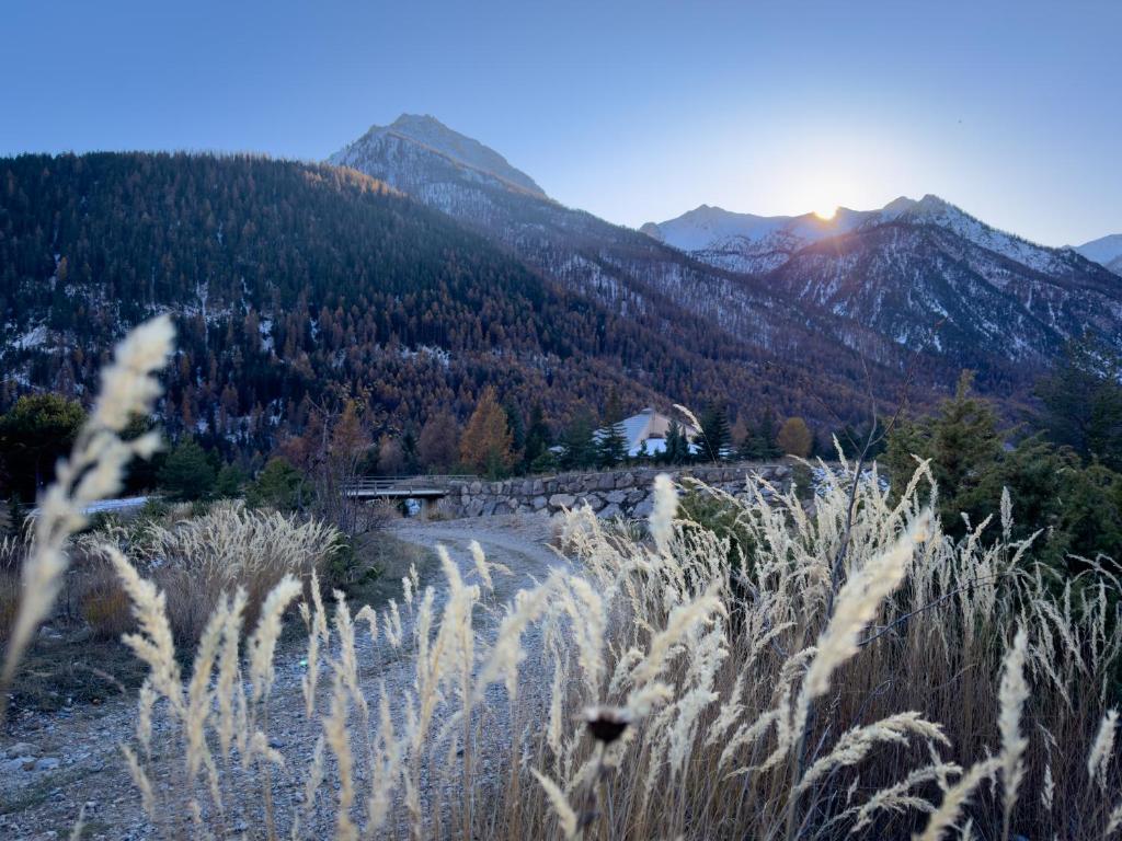 a field of grass with the mountains in the background at Hôtel Vauban Briançon Serre Chevalier in Briançon