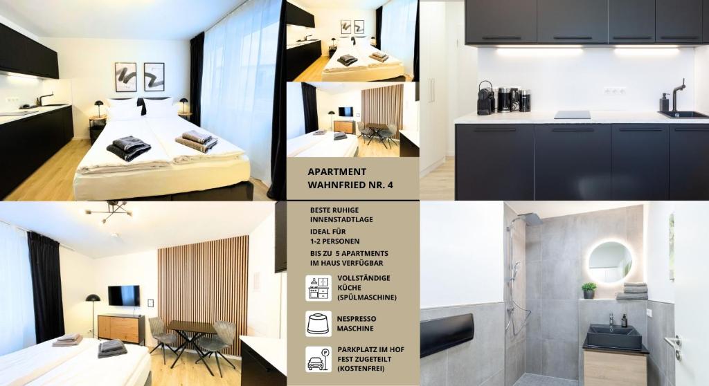 a collage of photos of a kitchen and a room at Apartment Wahnfried No4 - Zentral wohnen mit Küche und Duschbad, Parkplatz, 300m zur Fussgängerzone in Bayreuth