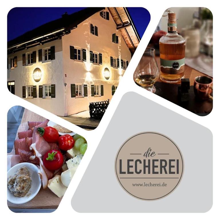 eine Collage aus Bildern von Essen und einer Flasche Wein in der Unterkunft die Lecherei in Lechbruck