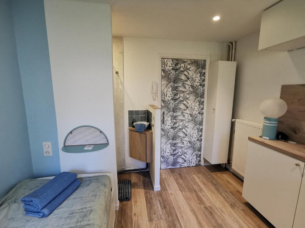 Cette chambre comprend un lit et une porte avec un miroir. dans l'établissement Studette Jolé - Biarritz, à Biarritz