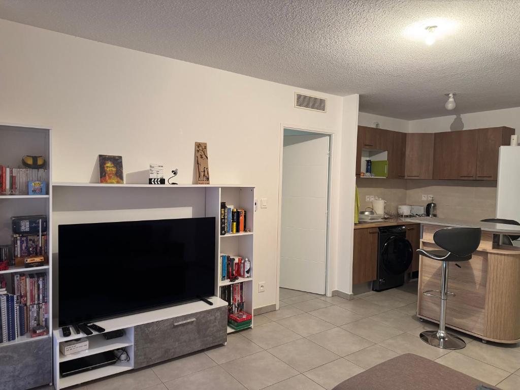 un salon avec une grande télévision à écran plat dans l'établissement Studio à Louer Aiguerelles, à Montpellier