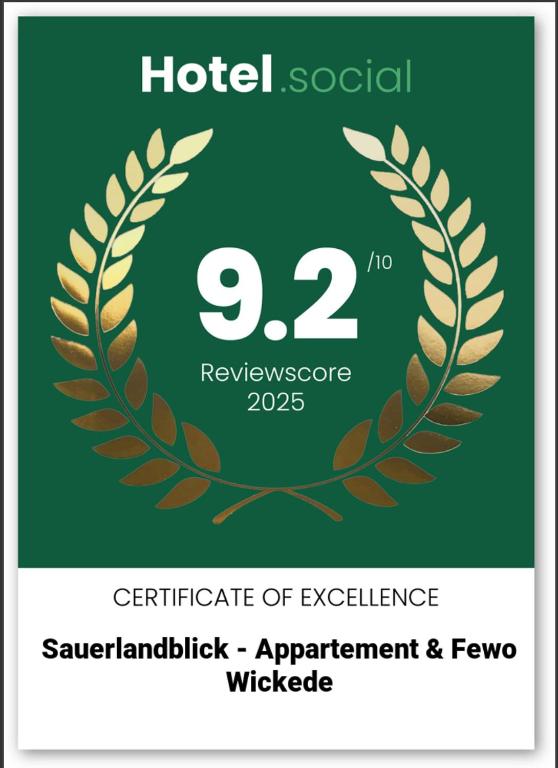 Certifikát, hodnocení, plakát nebo jiný dokument vystavený v ubytování Sauerlandblick - Appartement & FeWo Wickede