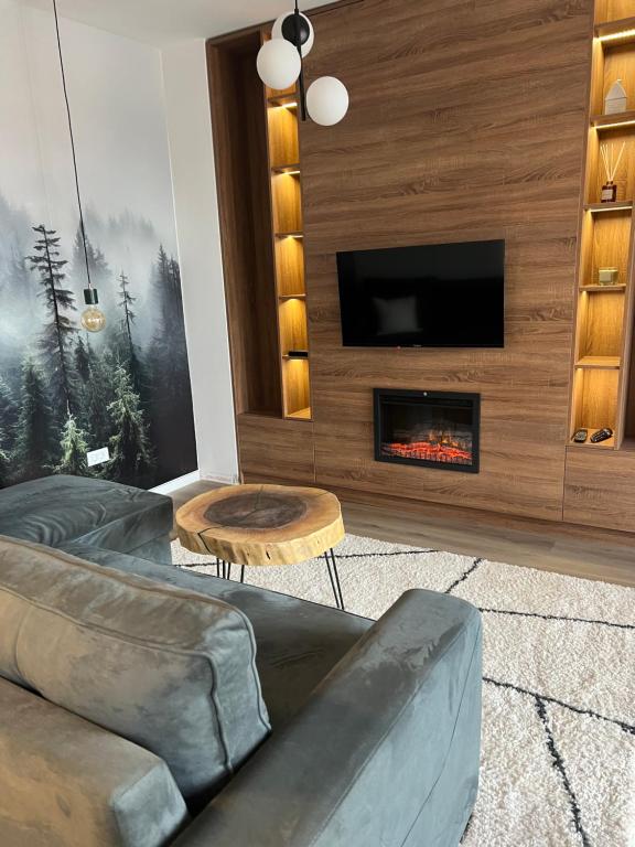 een woonkamer met een bank en een open haard bij Vučko Delux in Bjelašnica