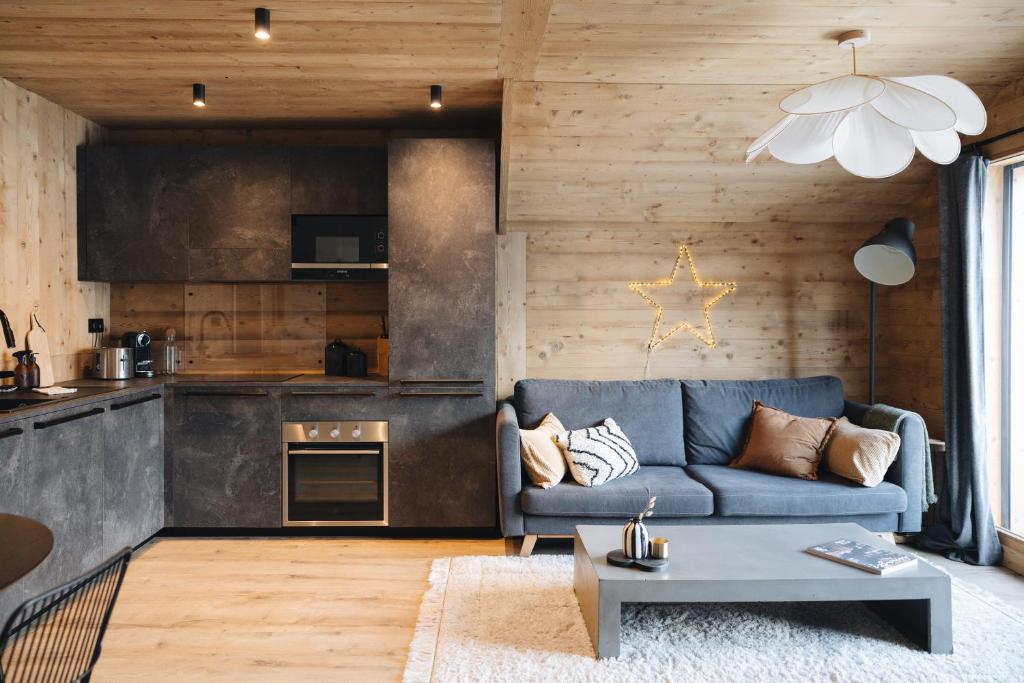 un salon avec un canapé bleu et une cuisine dans l'établissement Appartement GRABILLES, à Praz-sur-Arly