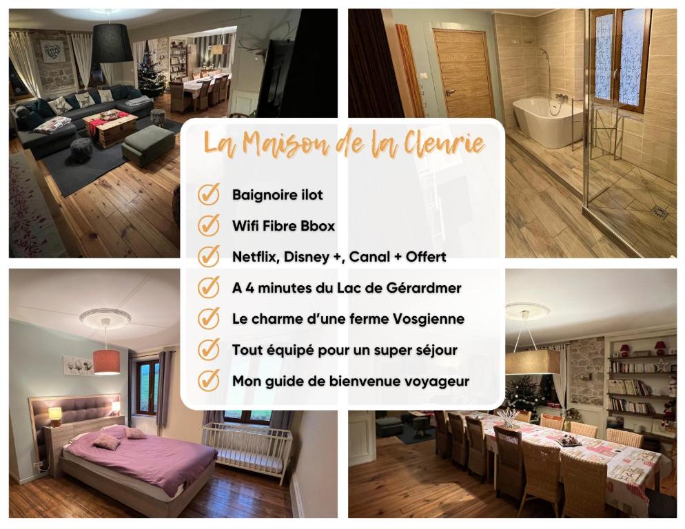 a collage of four pictures of a living room at Gîte de charme jusqu'à 14 personnes, Proche du lac de Gérardmer in Gérardmer