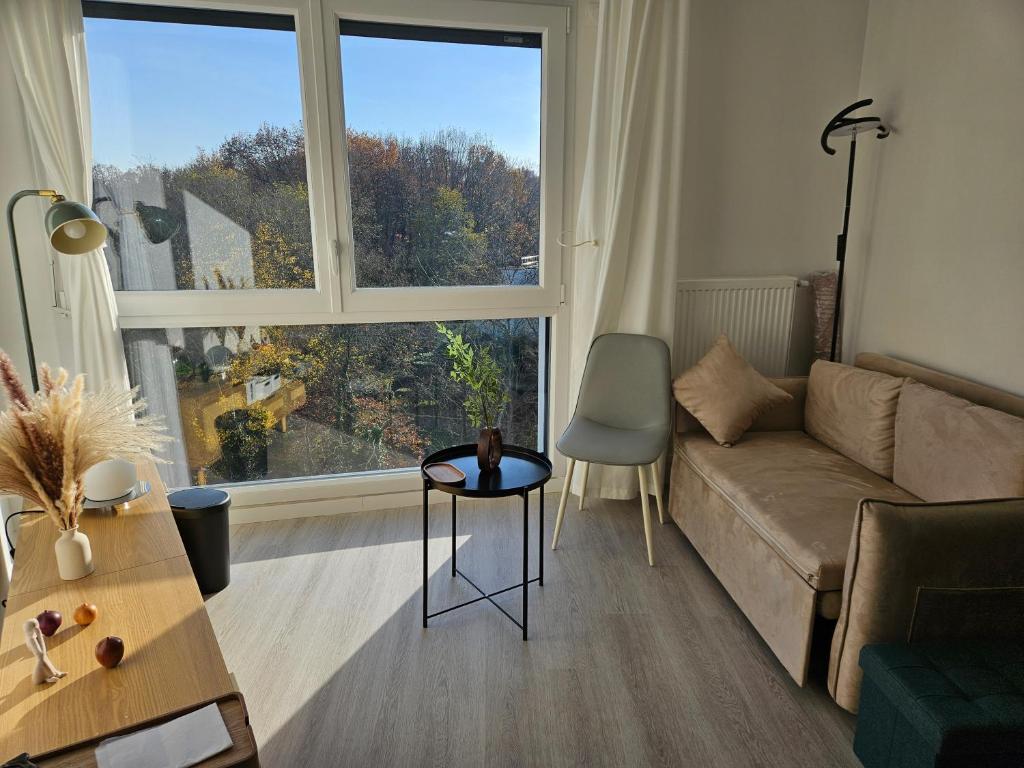 a living room with a couch and a large window at Lit simple -canapé lit dans appt partagé in Noisy-le-Grand