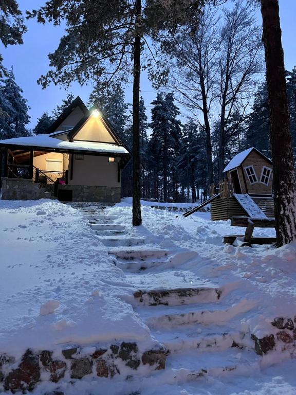 eine Hütte im Wald im Schnee in der Unterkunft Vikendica Martinović in Divčibare
